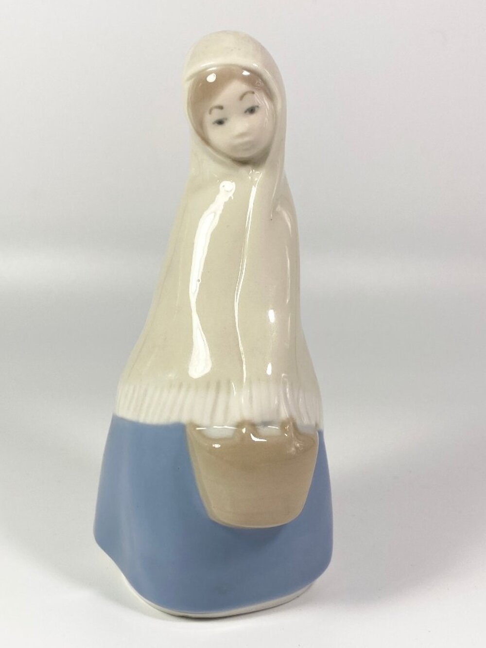Vintage Rex Valencia Hand Made Porcelain Girl with Basket Figurine Spain 6" Tall